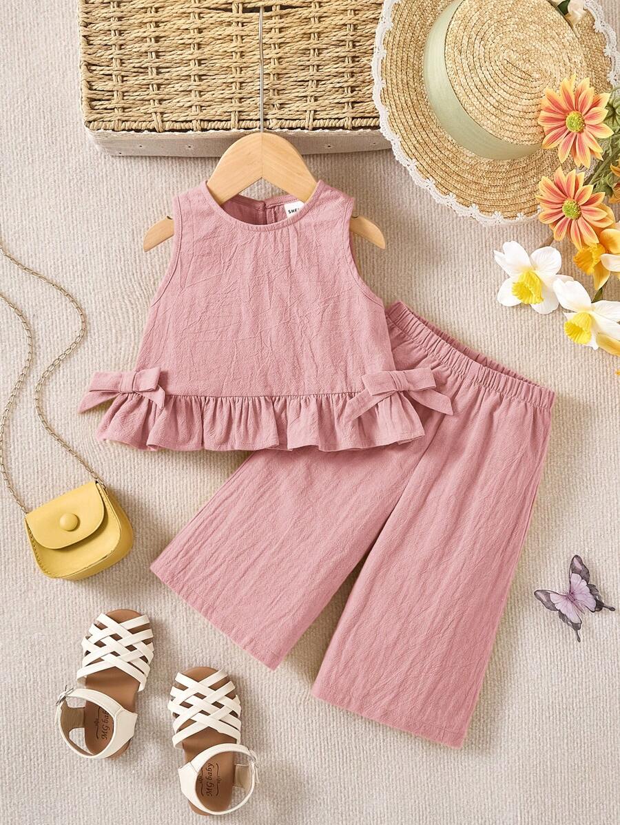 Baby Girl Cute Solid Color Ruffle Hem Camisole & Pants 2Pcs Suit Pink