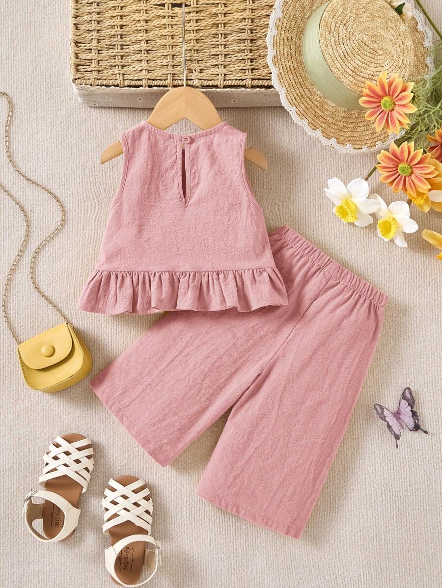 Baby Girl Cute Solid Color Ruffle Hem Camisole & Pants 2Pcs Suit