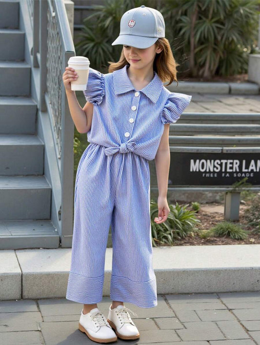 2pcs Young Girl Striped Cap Sleeve Button-Up Shirt And Pants Set Blue