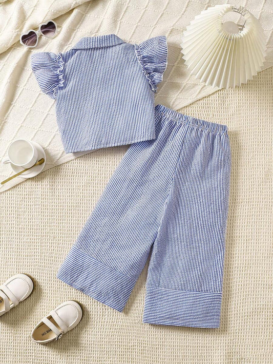 2pcs Young Girl Striped Cap Sleeve Button-Up Shirt And Pants Set
