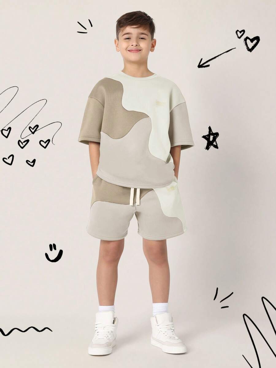 Tween Boys Comfy Regular Fit Colour Block Curve Panelled Tee And Shorts Beige