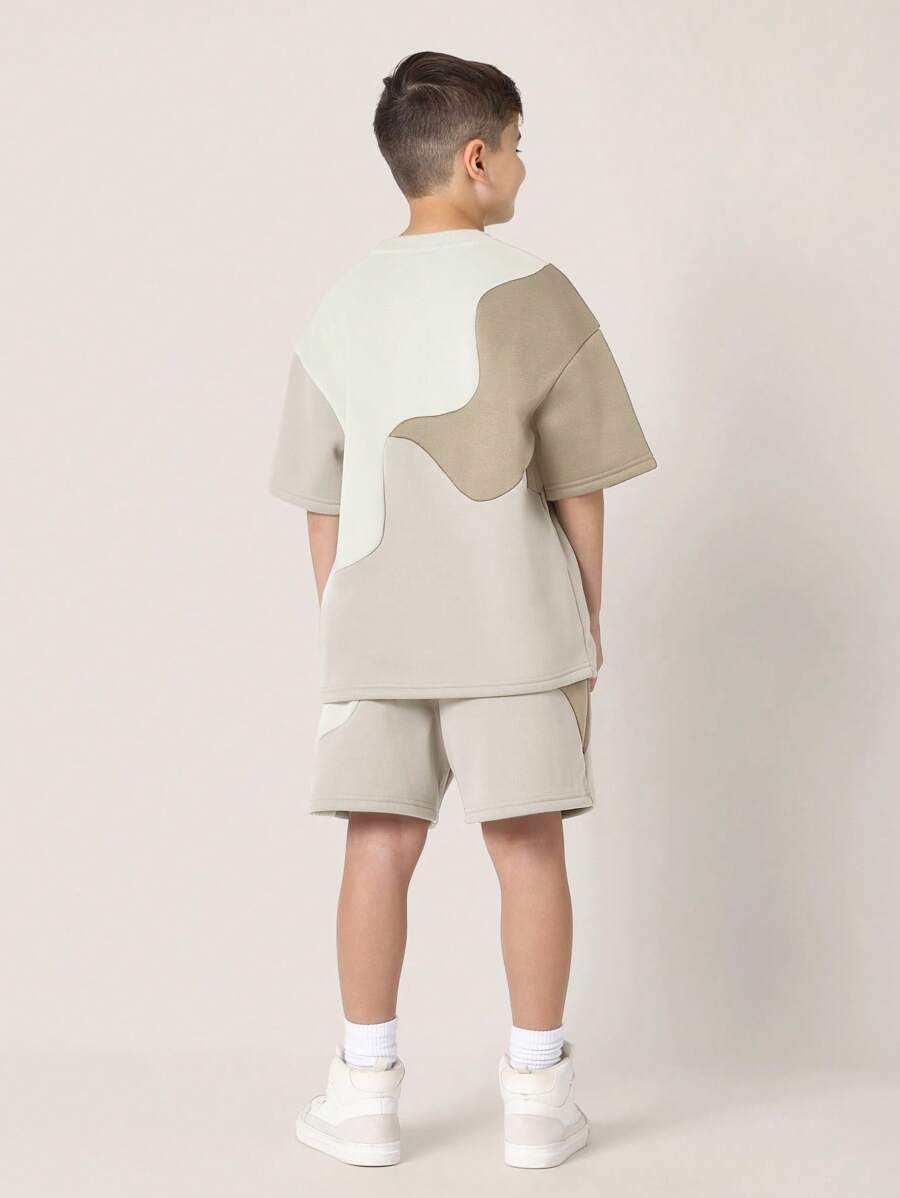 Tween Boys Comfy Regular Fit Colour Block Curve Panelled Tee And Shorts