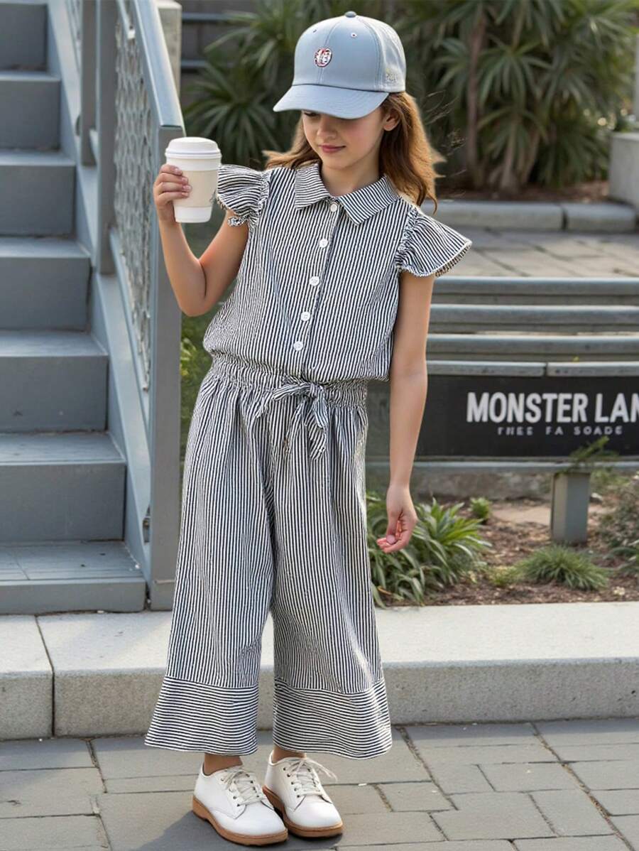 2pcs Young Girl Striped Cap Sleeve Button-Up Shirt And Pants Set Black