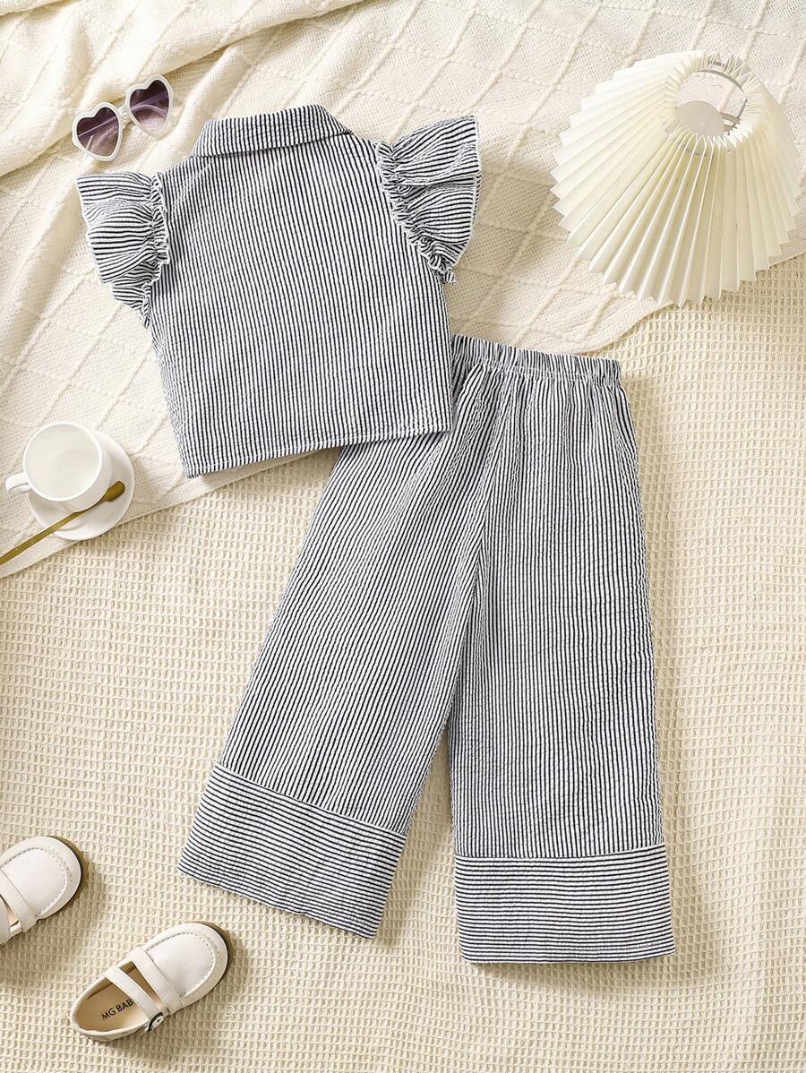 2pcs Young Girl Striped Cap Sleeve Button-Up Shirt And Pants Set
