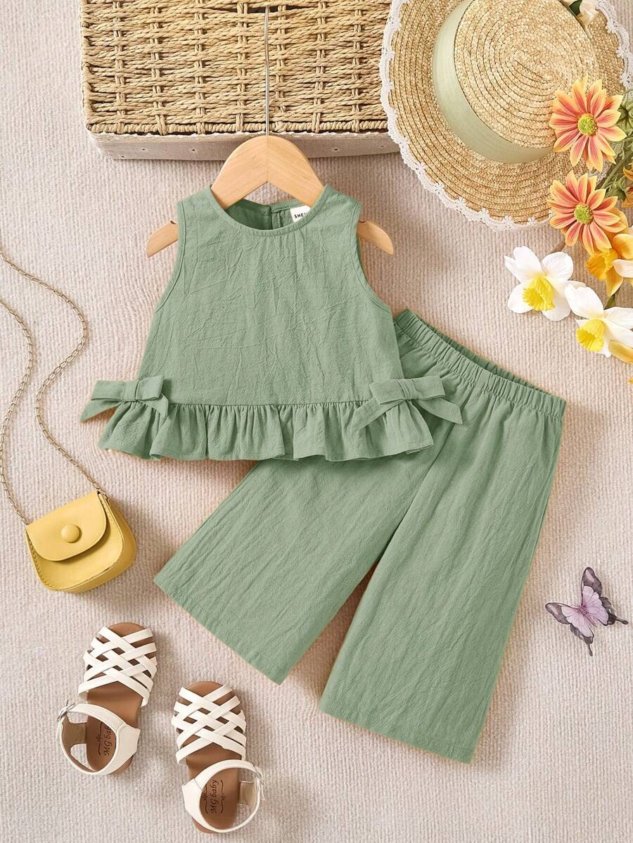 Baby Girl Cute Solid Color Ruffle Hem Camisole & Pants 2Pcs Suit Green