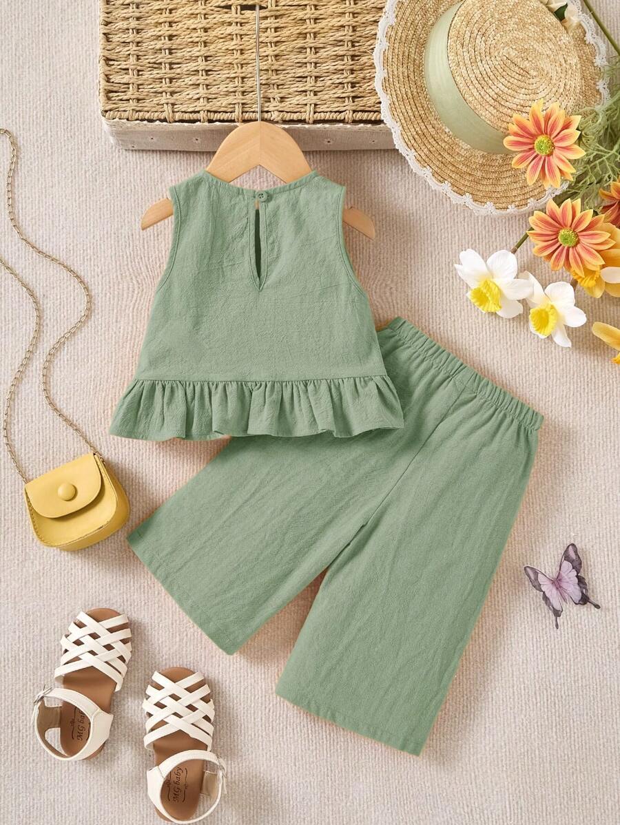 Baby Girl Cute Solid Color Ruffle Hem Camisole & Pants 2Pcs Suit