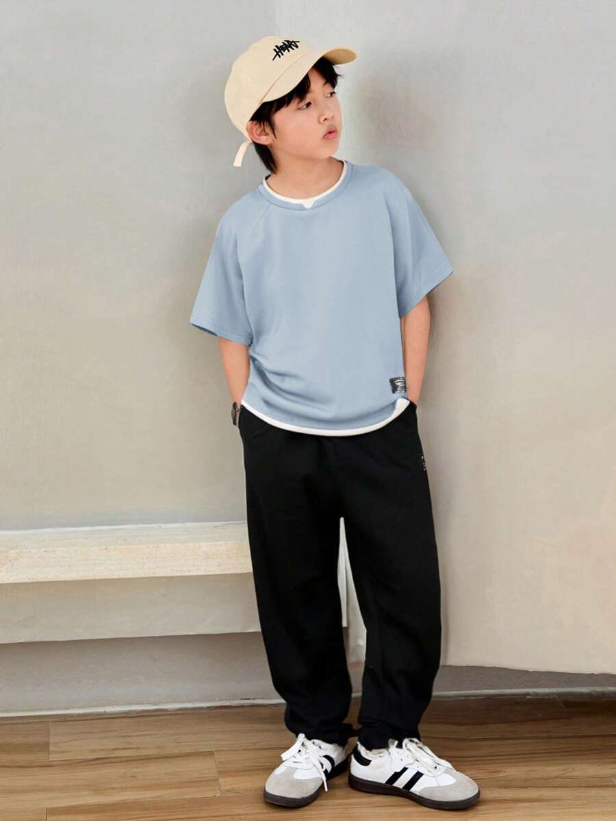 Tween Boy Mock Collar Casual T-Shirt And Sweatpants Set Baby Blue