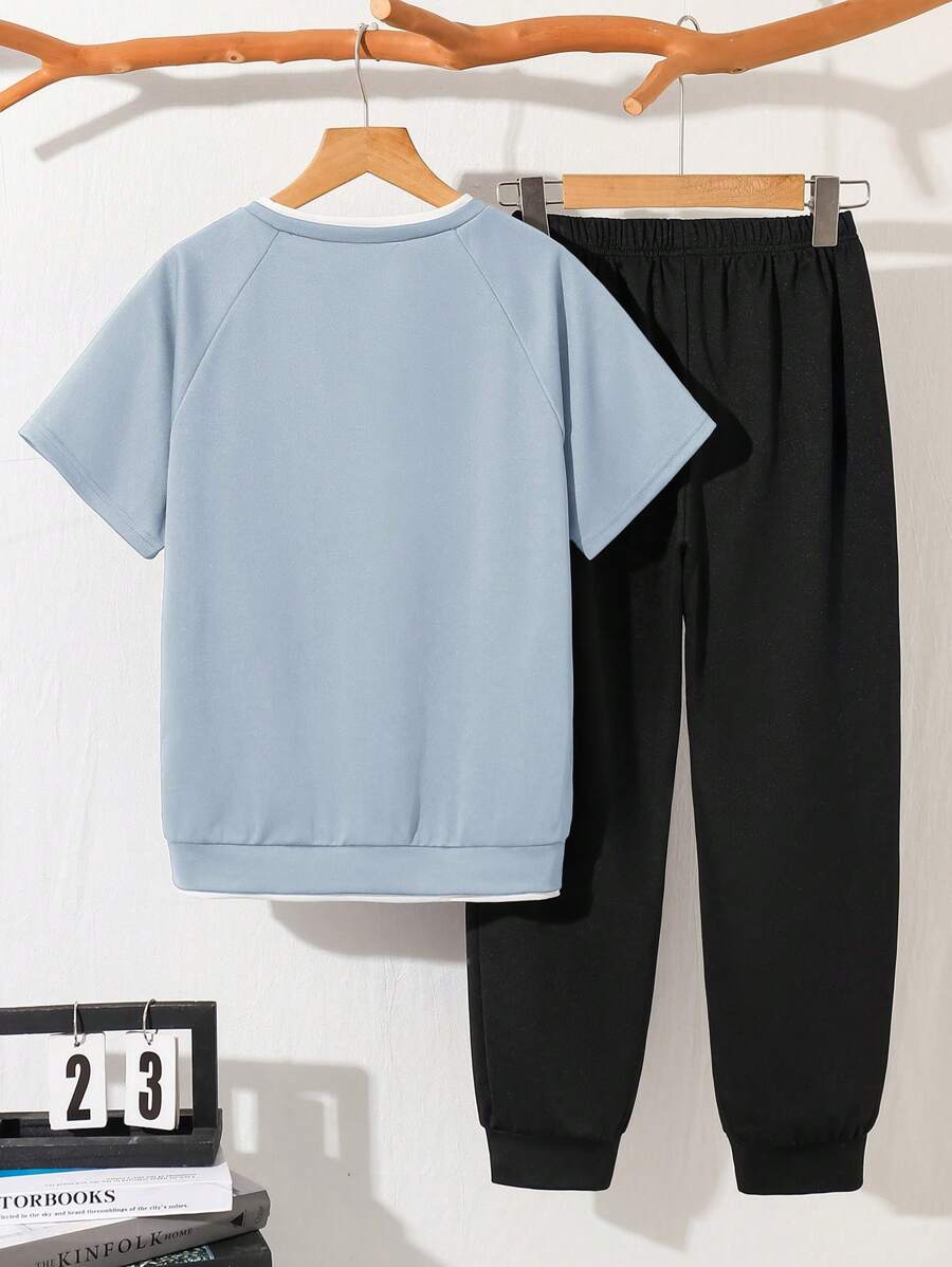 Tween Boy Mock Collar Casual T-Shirt And Sweatpants Set
