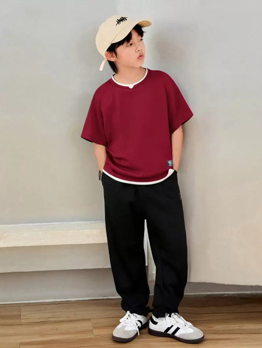 Tween Boy Mock Collar Casual T-Shirt And Sweatpants Set Red