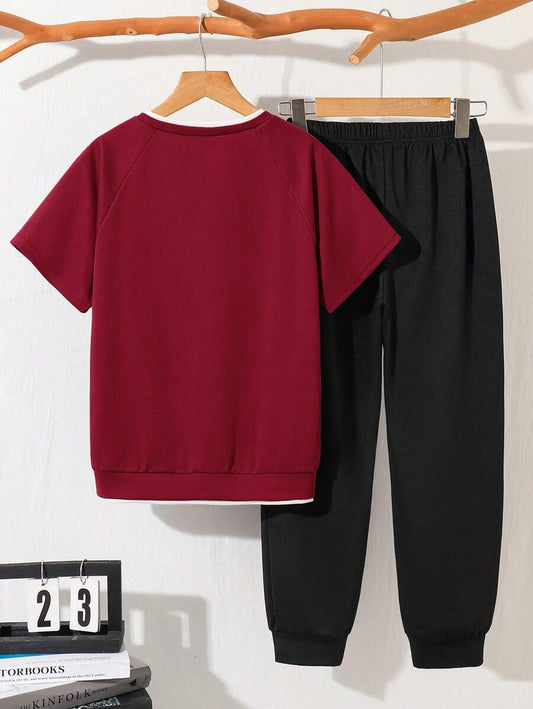 Tween Boy Mock Collar Casual T-Shirt And Sweatpants Set