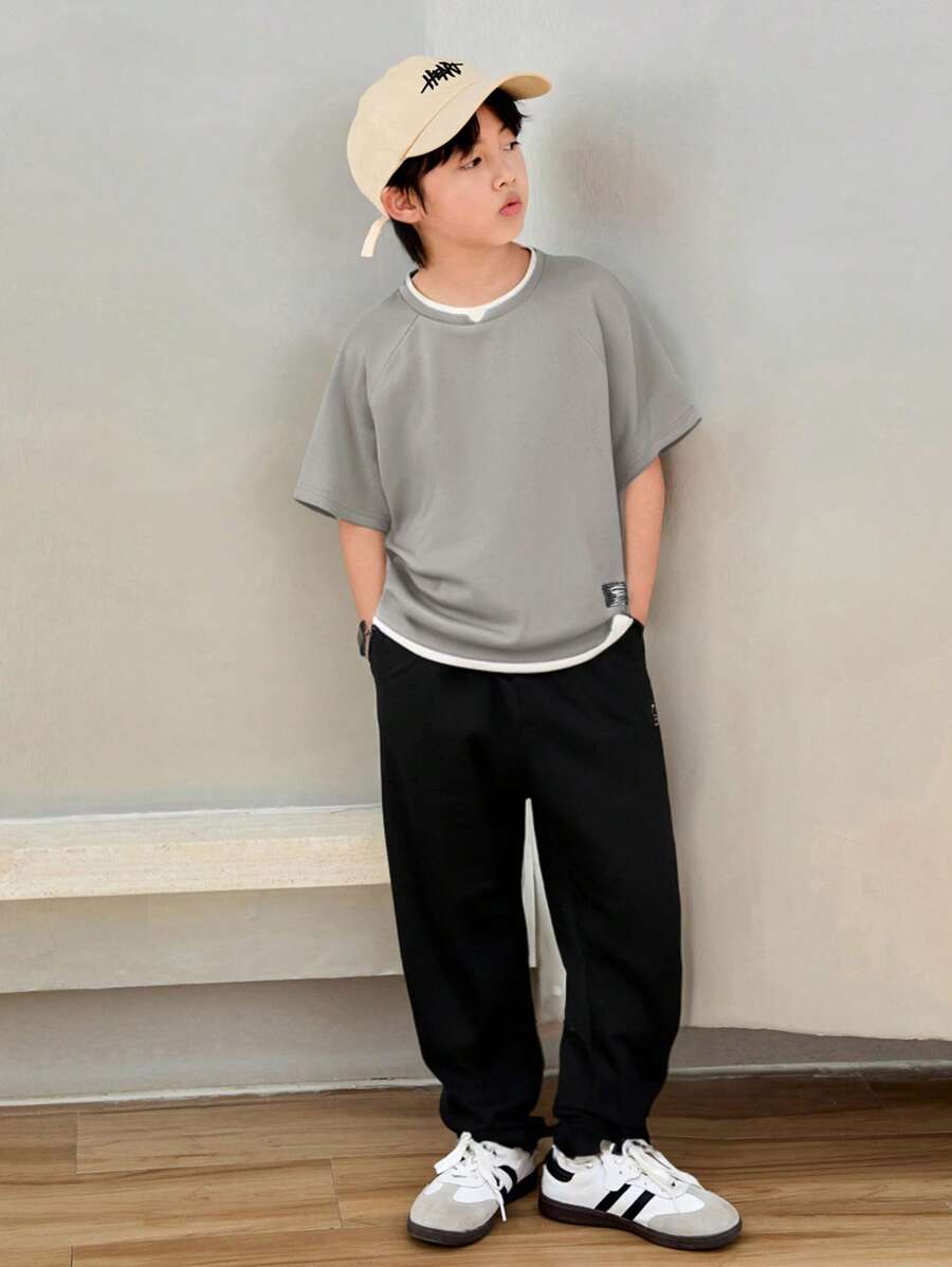 Tween Boy Mock Collar Casual T-Shirt And Sweatpants Set Grey