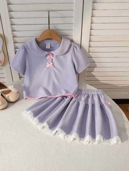 Young Girl Fashion Stylish Set Polo Collar Bowknot Short Sleeve Top + Ruffle Skirt Purple