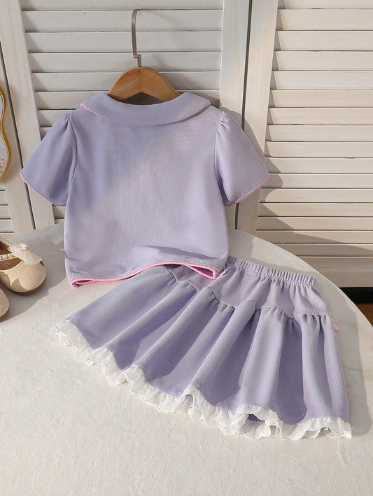 Young Girl Fashion Stylish Set Polo Collar Bowknot Short Sleeve Top + Ruffle Skirt
