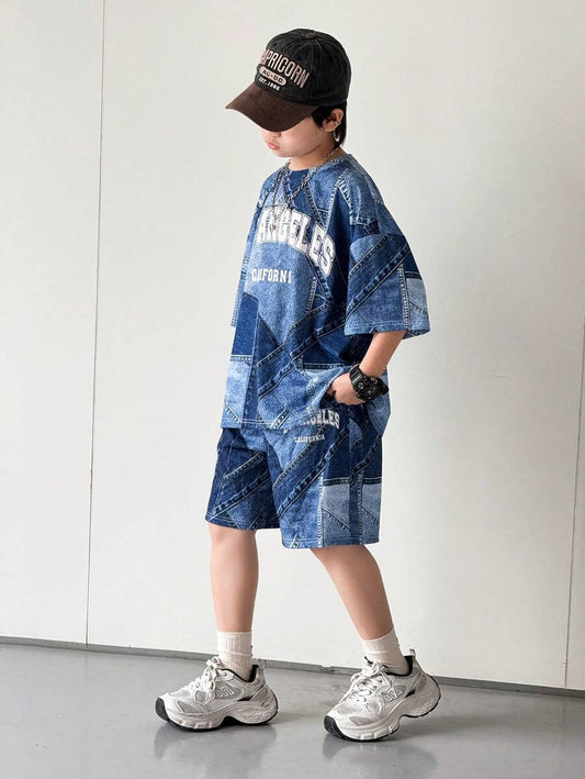 Tween Boy Casual Korean Style Loose Letter & Denim Effect Round Neck Short Sleeve T-Shirt & Shorts Blue