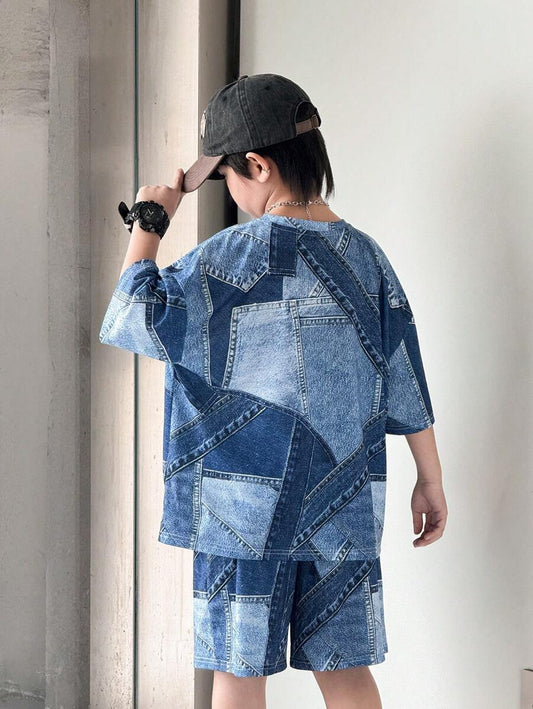 Tween Boy Casual Korean Style Loose Letter & Denim Effect Round Neck Short Sleeve T-Shirt & Shorts