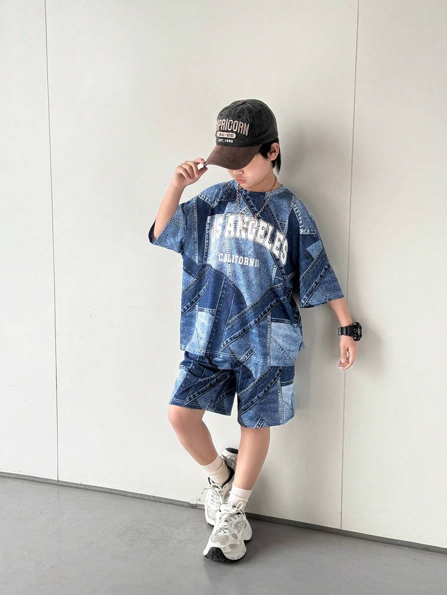 Tween Boy Casual Korean Style Loose Letter & Denim Effect Round Neck Short Sleeve T-Shirt & Shorts