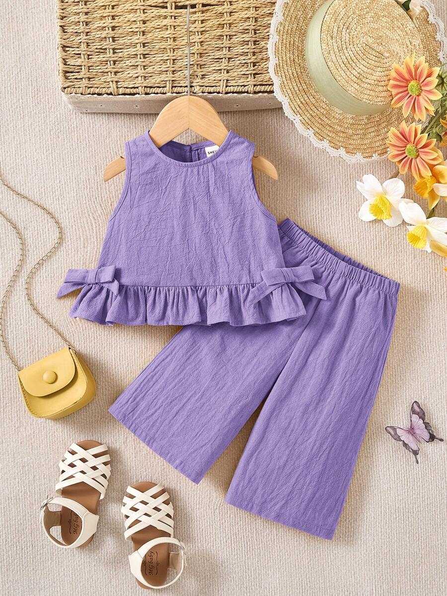Baby Girl Cute Solid Color Ruffle Hem Camisole & Pants 2Pcs Suit Purple