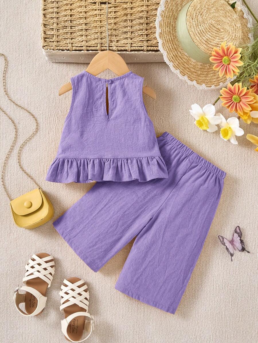 Baby Girl Cute Solid Color Ruffle Hem Camisole & Pants 2Pcs Suit