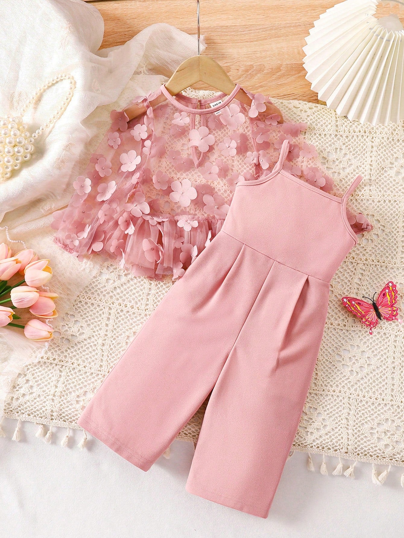 Babygirl Cute Butterfly Net Mesh Spaghetti Strap Top & Jumpsuit Set Pink