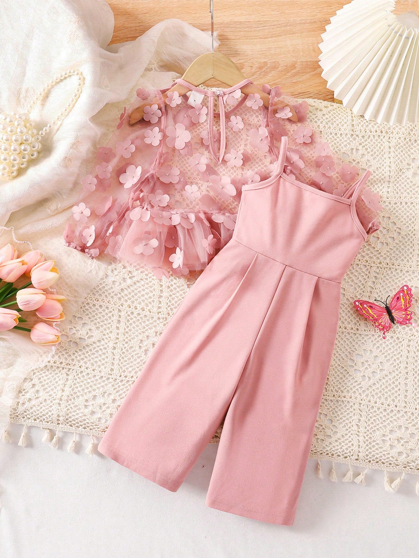 Babygirl Cute Butterfly Net Mesh Spaghetti Strap Top & Jumpsuit Set
