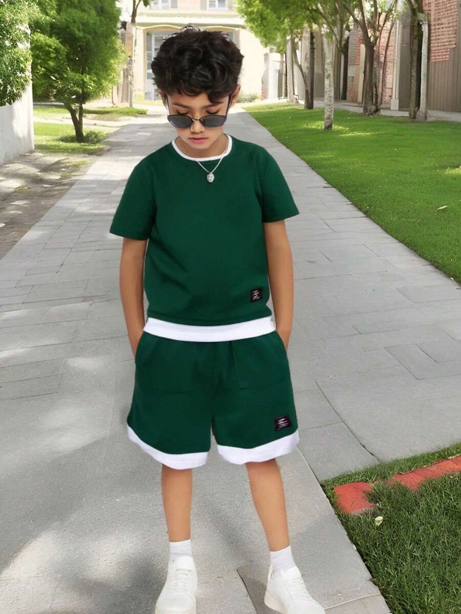 Tween Boy Letter Patched Detail 2 In 1 Tee & Shorts Army green