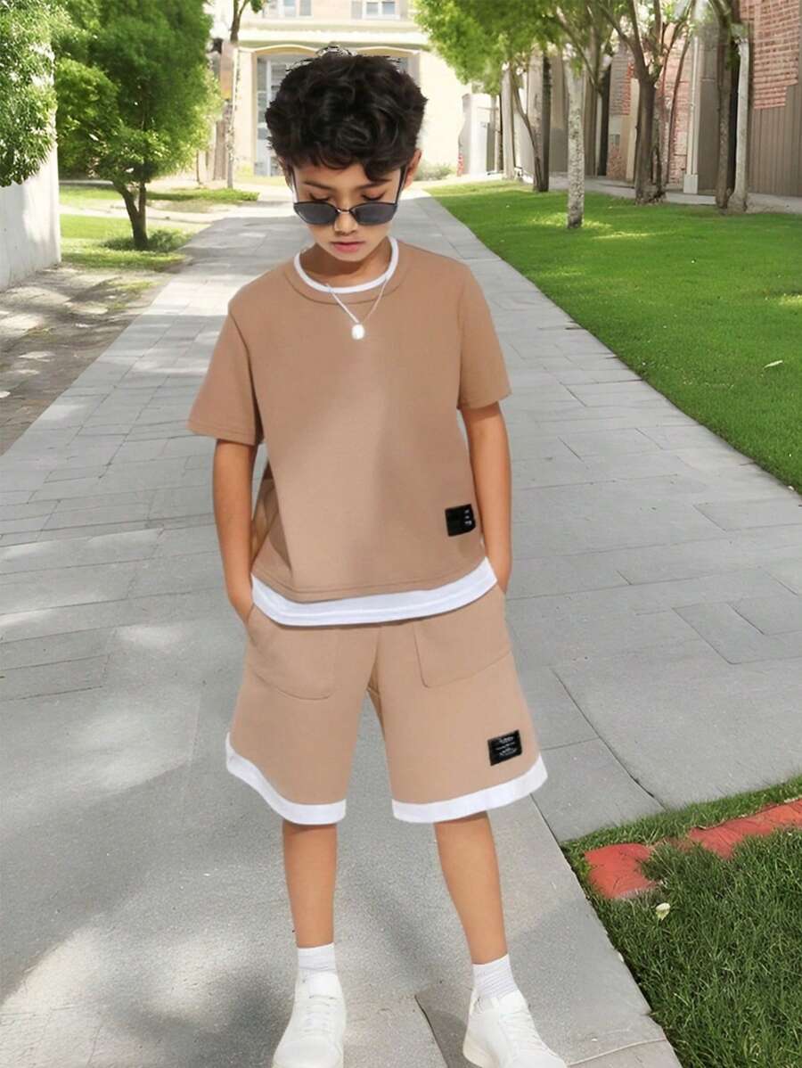 Tween Boy Letter Patched Detail 2 In 1 Tee & Shorts Khaki