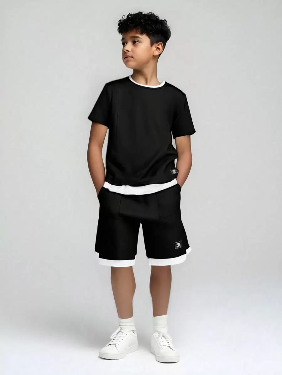 Tween Boy Letter Patched Detail 2 In 1 Tee & Shorts Black