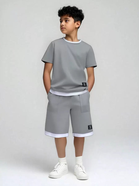 Tween Boy Letter Patched Detail 2 In 1 Tee & Shorts Grey