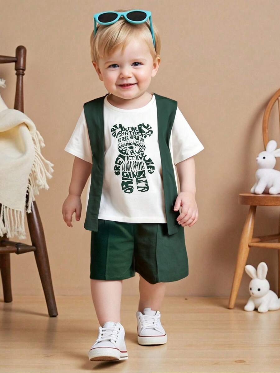Casual Cute Cartoon Bear Print T-Shirt Top, Knit Shorts, And Blue Shawl