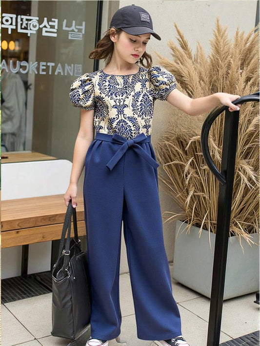 Tween Girls Pattern Vacation Jumpsuit Navy Blue