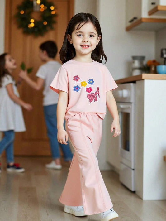Butterfly & Floral Embroidered Crop Top Design Blouse And Straight Leg Pants Pink