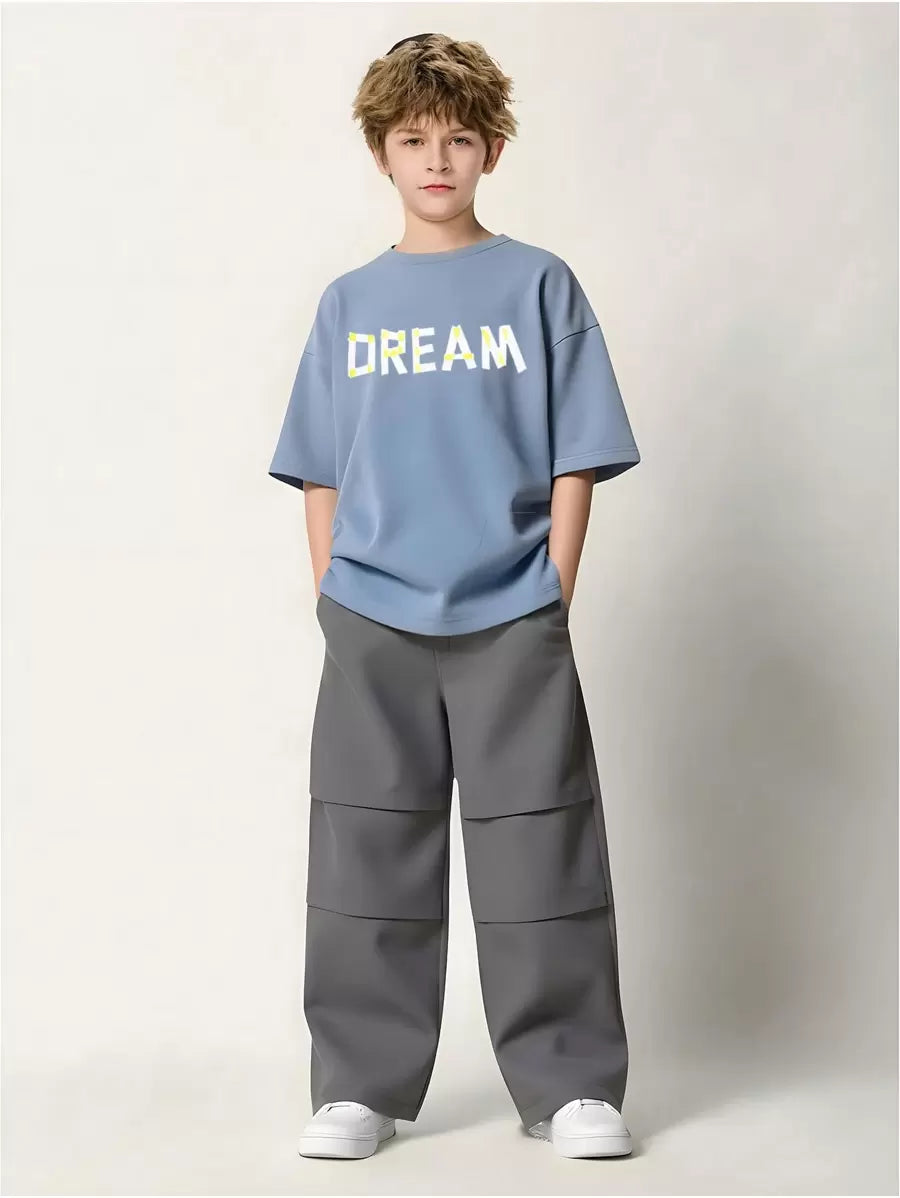 2pcs Tween Boy Letter Print Short Sleeve Top And Solid Color Pants