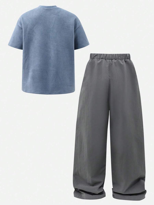 2pcs Tween Boy Letter Print Short Sleeve Top And Solid Color Pants