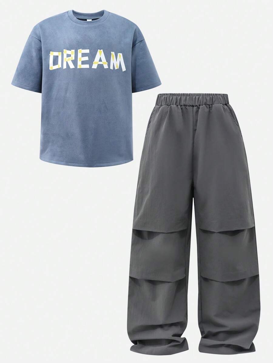 2pcs Tween Boy Letter Print Short Sleeve Top And Solid Color Pants Multicolor