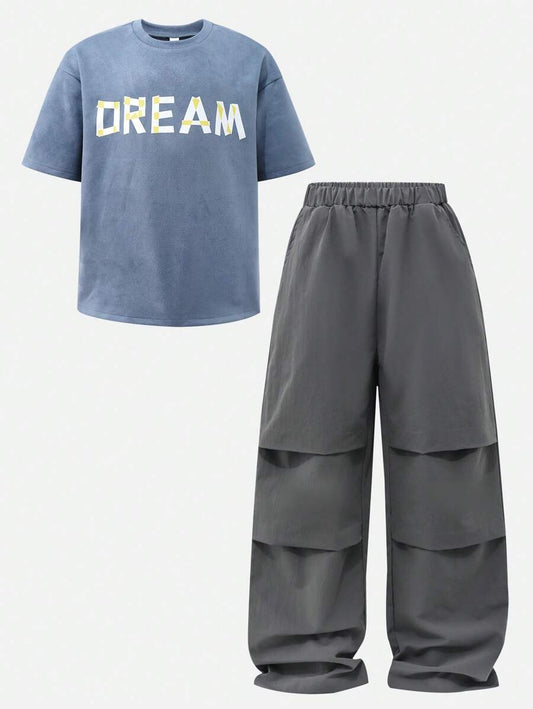 2pcs Tween Boy Letter Print Short Sleeve Top And Solid Color Pants Multicolor