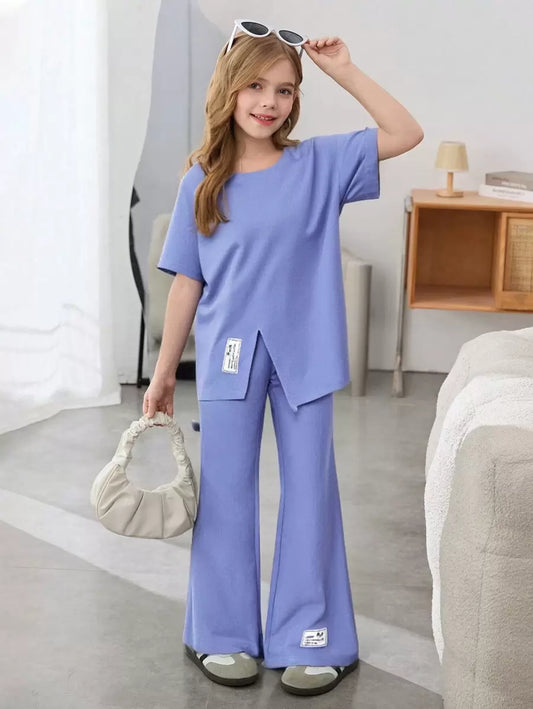 2pcs/Set Casual Textured Girls Bubble Fabric Split Short Sleeve Jumpsuit Blue