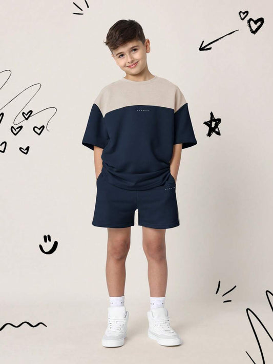 Tween Boys Comfy Regular Fit Colour Blocked Textured Panel Short Sleeve Tee And Short Navy Blue