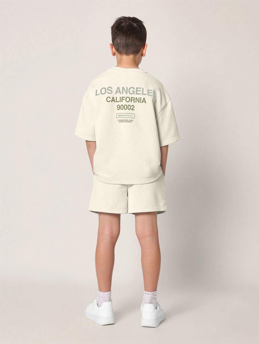 Tween Boys Comfy Regular Fit Short Sleeve Tee And Short With La & California Graphic Print Beige