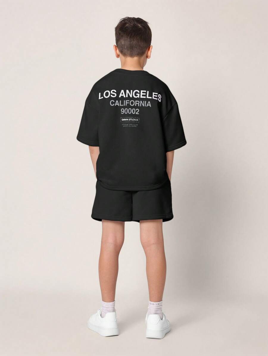 Tween Boys Comfy Regular Fit Short Sleeve Tee And Short With La & California Graphic Print Black & Whte
