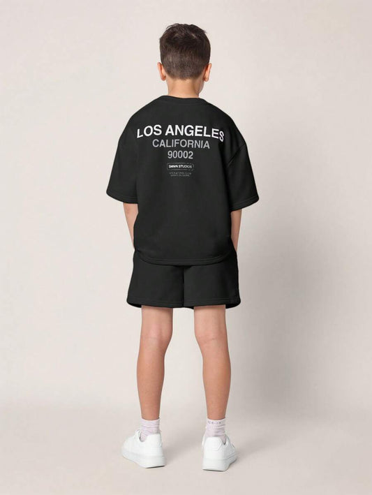 Tween Boys Comfy Regular Fit Short Sleeve Tee And Short With La & California Graphic Print Black & Whte