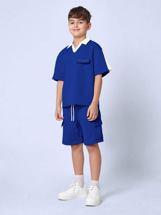 Tween Boys Comfy Boxy Fit V-Neck Polo And Cargo Short With Drawstrings Blue