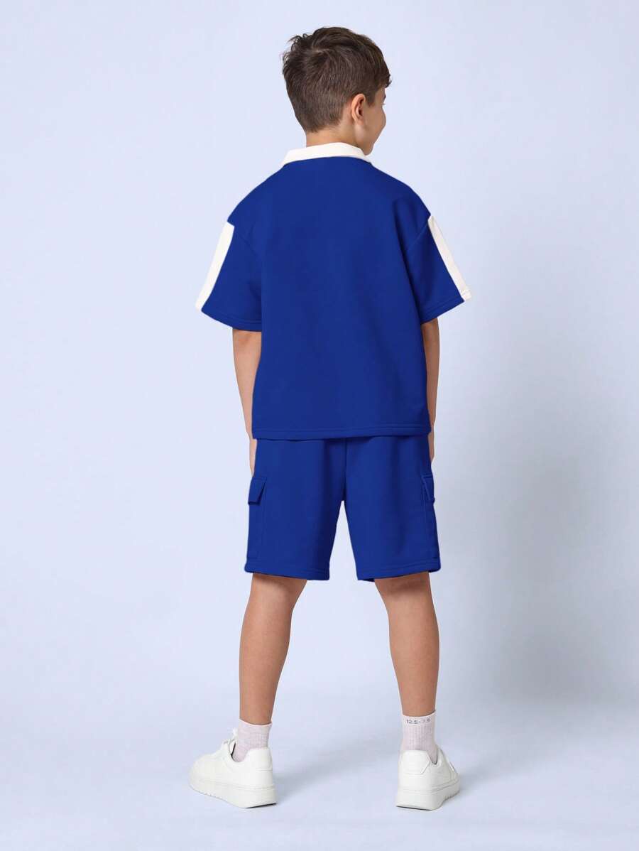 Tween Boys Comfy Boxy Fit V-Neck Polo And Cargo Short With Drawstrings