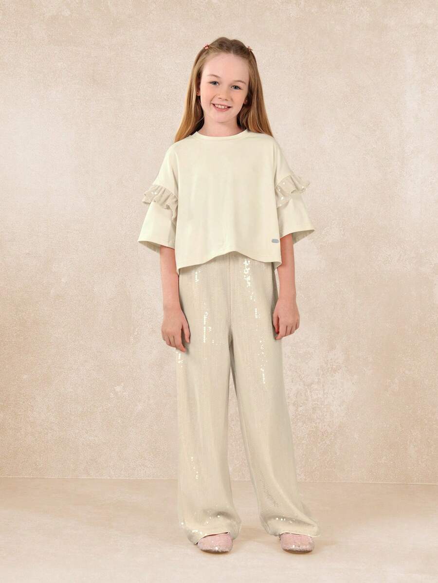 Tween Girls Crop Elbow Sleeve Sequin Top And Straight Fit Pant Beige