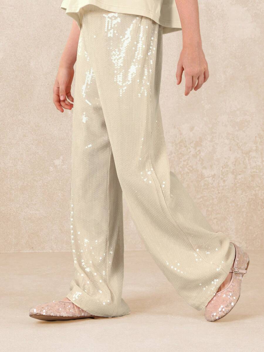 Tween Girls Crop Elbow Sleeve Sequin Top And Straight Fit Pant