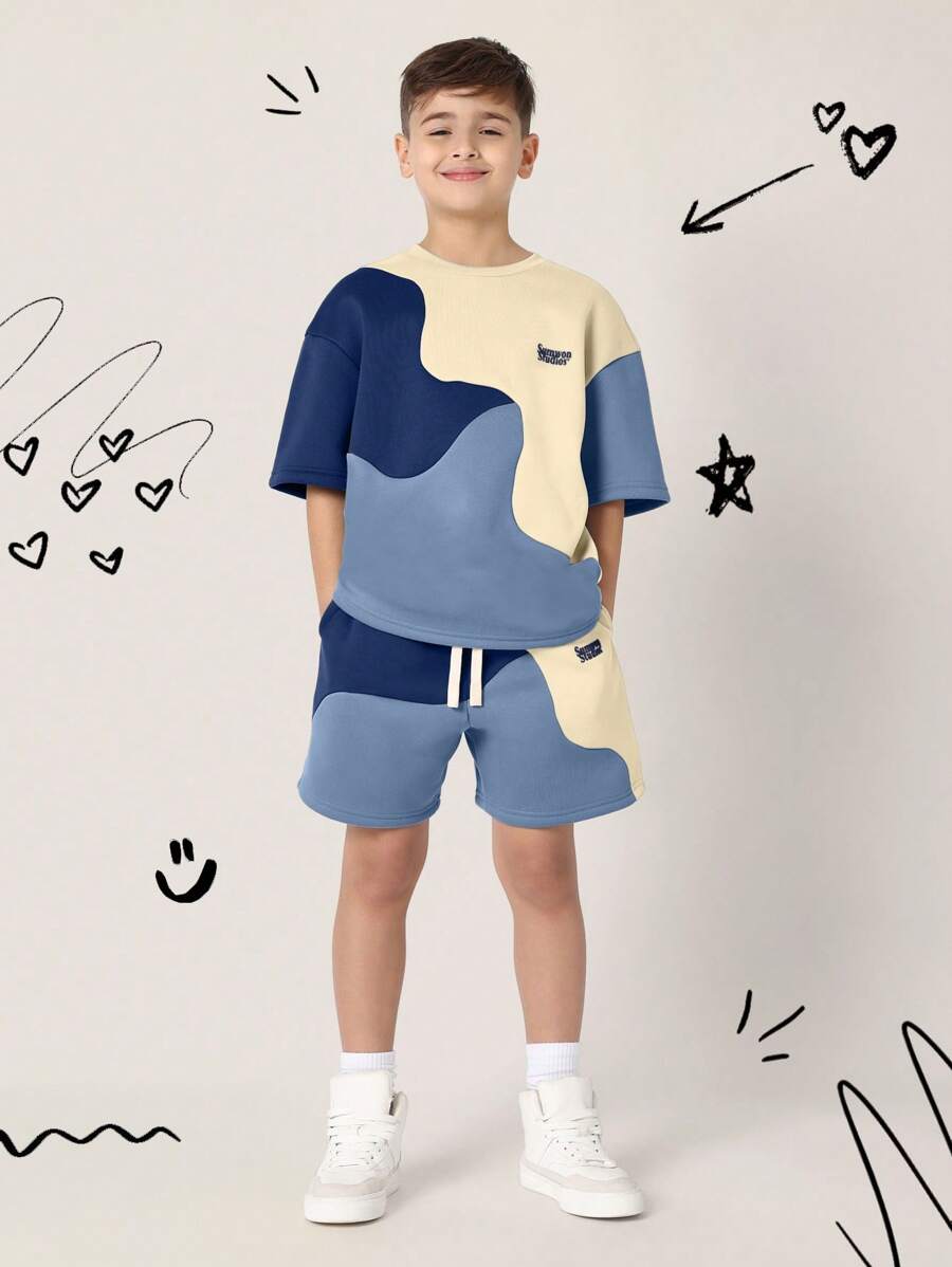 Tween Boys Comfy Regular Fit Colour Block Curve Panelled Tee And Shorts Blue