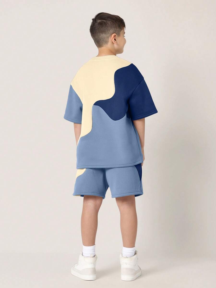 Tween Boys Comfy Regular Fit Colour Block Curve Panelled Tee And Shorts