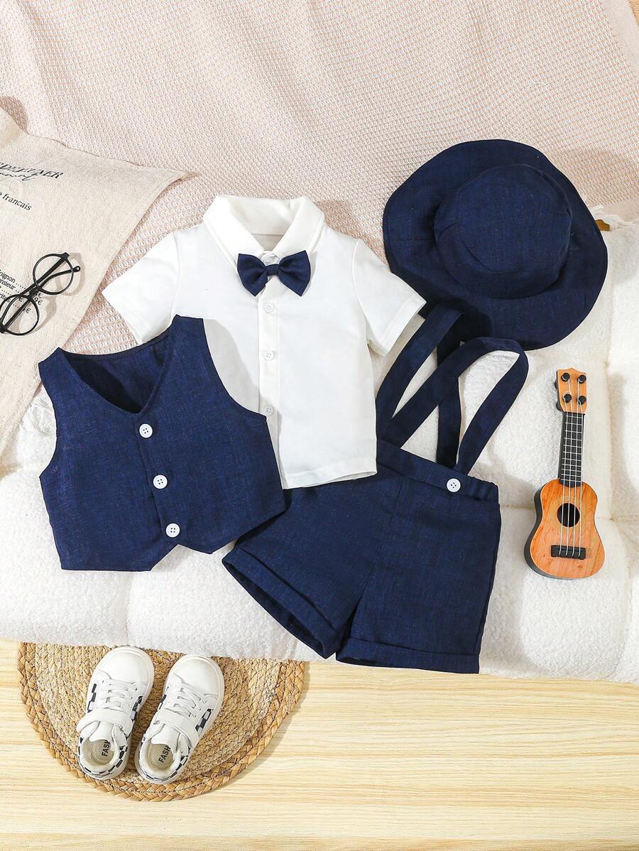 4pcs/Set Infant Boys Elegant College Style Outfit Navy Blue