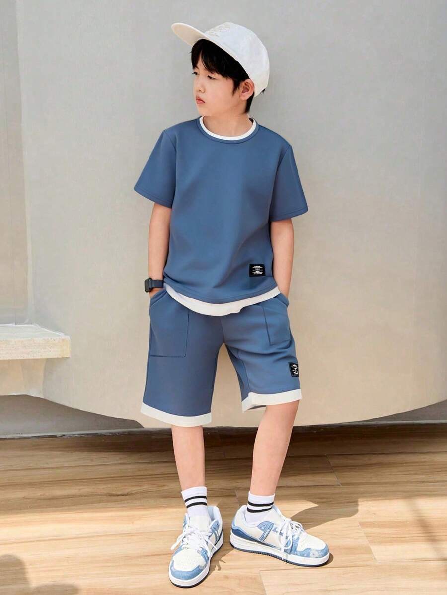 Tween Boy Letter Patched Detail 2 In 1 Tee & Shorts Dusty Blue