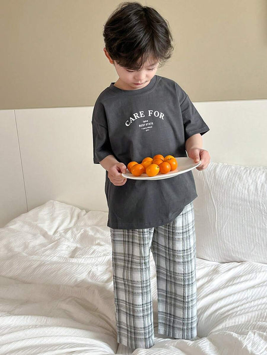 Toddler Boys Round Neck Letter Print Short Sleeve Knit T-Shirt & Woven Plaid Pants Black & White