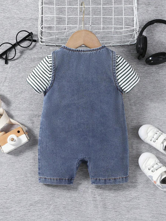Baby Boys' Cute Striped Round Neck Short Sleeve T-Shirt & Loose Washed Denim Snap Crotch Overalls
